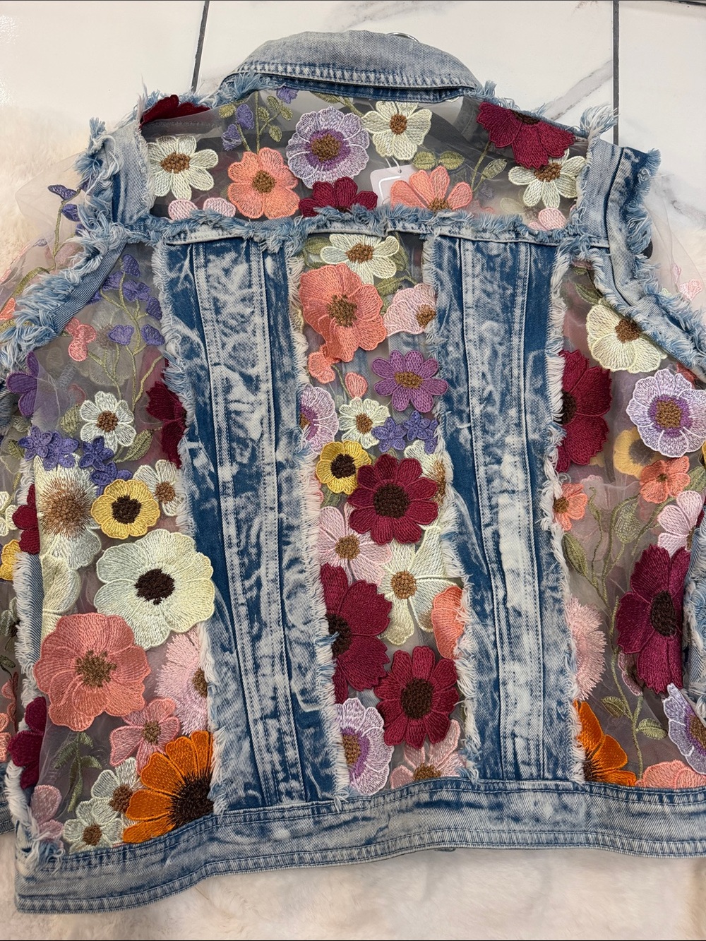 Adore Light Blue Denim Jacket with Multicolor Floral Embroidery - Picture 4 of 4